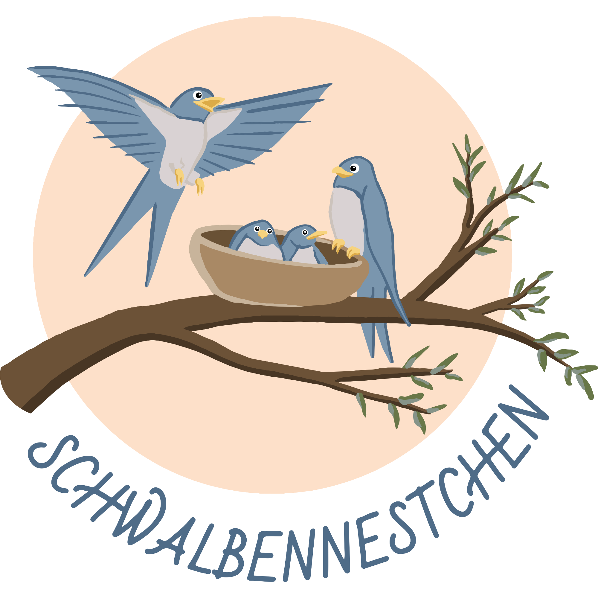 Illustration von Blaumeisen mit Nest auf einem Ast, eine im Flug, drei im Nest, unterhalb ein Bogen mit der Aufschrift 'Schd Albennestchen'.